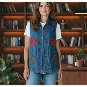 Bobbie Brooks Vest Top SZ LG Sleeveless Zip Denim Embroidered Artsy Casual Boho